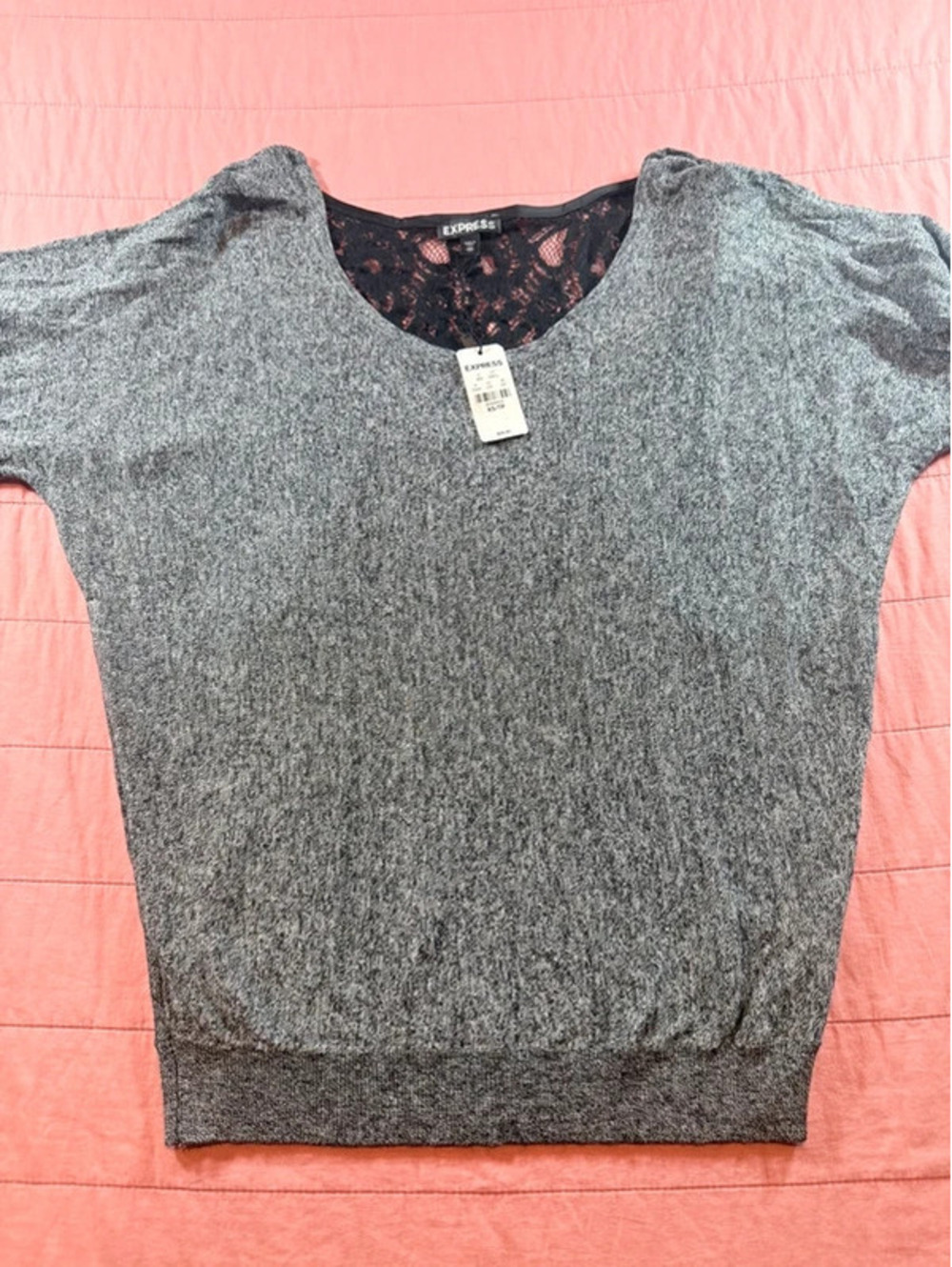Express Women’s Gray Lace Back Short Sleeve Sweater Top XS New With Tags 1592